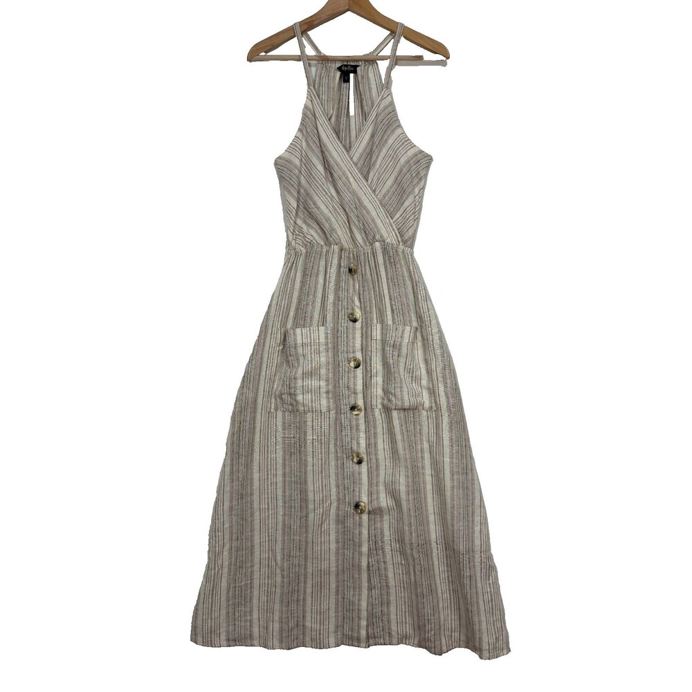 Indigo Rein Linen Dress Womens S Beige Striped Button‎ Skirt Coastal Boho Casual